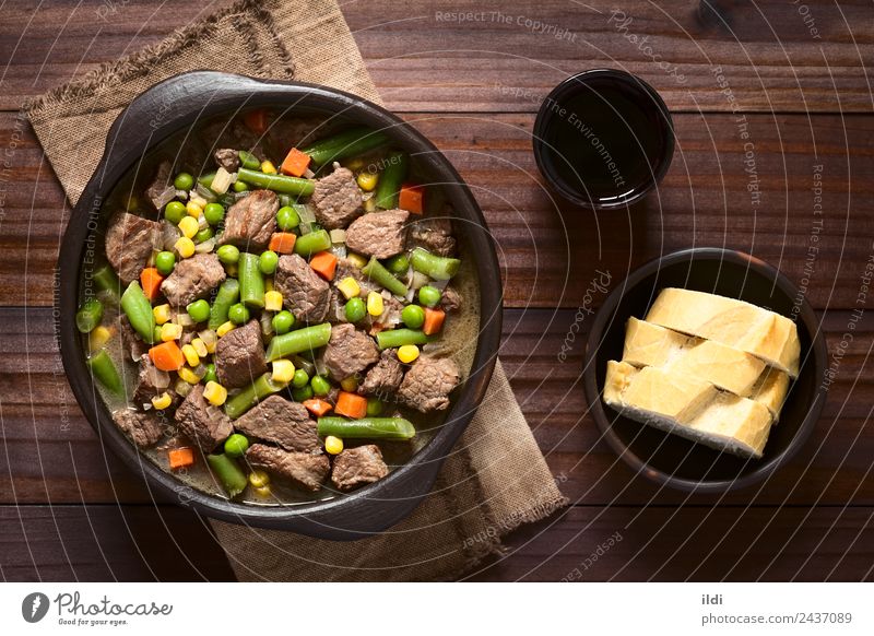 Beef Stew or Soup with Vegetables Meat Lunch Dinner Fresh food Peas Carrot corn Beans piece Home-made lean Dish Meal legume Pulse ragout Goulash Rustic overhead