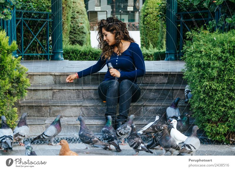 Beautiful smiling woman feeding pigeons in the park Lifestyle Joy Happy Summer Human being Woman Adults Arm Hand Nature Animal Park Street Fashion Bird Pigeon