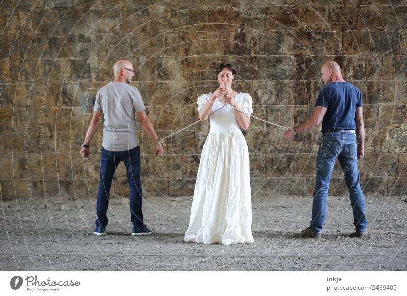 firm bond Wedding Human being Woman Adults Man Couple Partner Life 3 30 - 45 years Wall (barrier) Wall (building) Wedding dress Bald or shaved head Rope