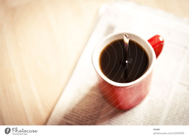 Strong taste Coffee Cup Spoon Table Work and employment Workplace Economy Print media Newspaper Magazine To enjoy Stand Funny Red Black Debauchery Idea
