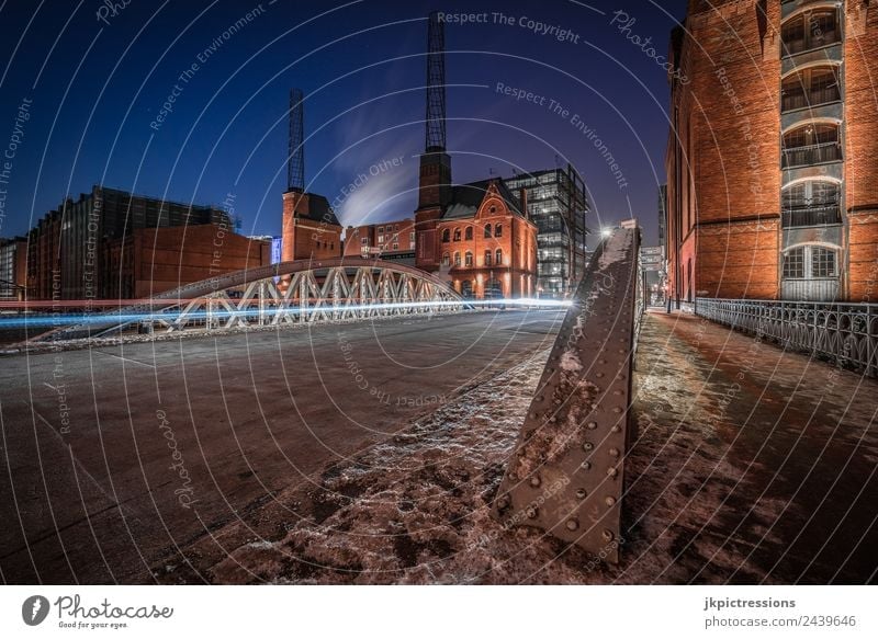 Bridge at the Kesselhaus Hamburg in winter Europe Germany Old warehouse district Harbour World heritage Night Night shot Long exposure Tracer path Snow Ice