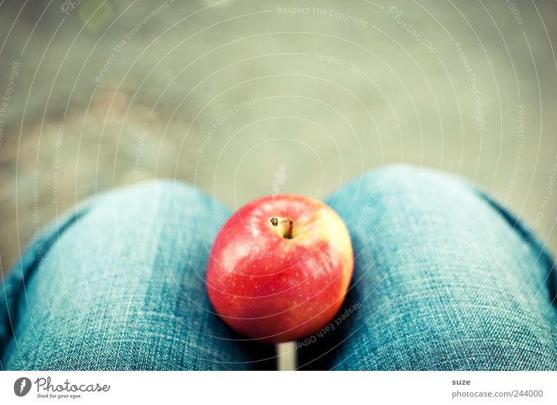 Apple on knees Fruit Food Red Patch of colour Healthy Healthy Eating Delicious Awareness Wait Blue Legs Jeans Denim Organic produce Fruity Paradise