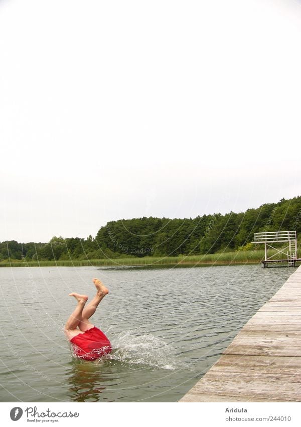 Man jumps into the lake with red swimming trunks Joy Life Swimming & Bathing Vacation & Travel Trip Summer Summer vacation Human being Masculine Adults Legs
