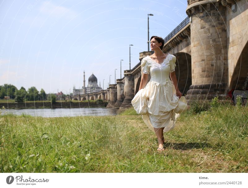bridal show Feminine Woman Adults 1 Human being Beautiful weather River bank Dresden Bridge Tourist Attraction Landmark Dress Wedding dress Brunette
