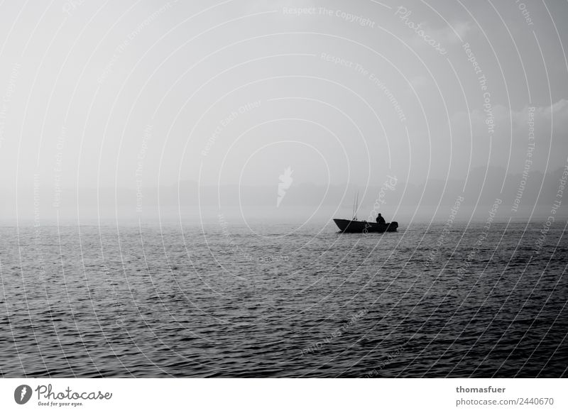 Boat on the sea in the fog with fishermen Fishing (Angle) Freedom Summer Ocean Retirement Closing time Fishing boat Fisherman Fishery Human being Masculine Man