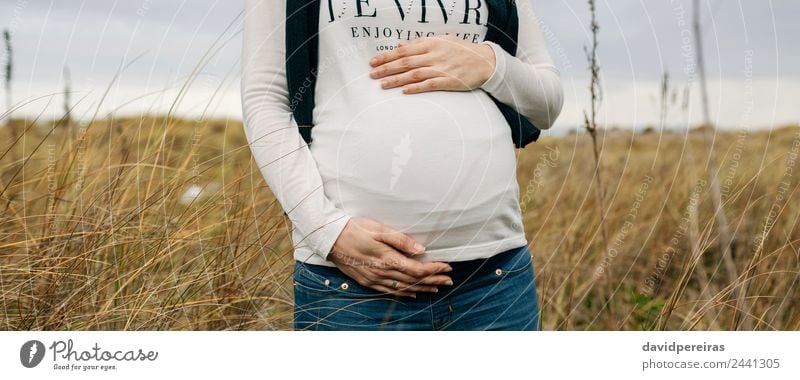 Pregnant woman caressing her tummy Lifestyle Joy Leisure and hobbies Human being Baby Woman Adults Mother Family & Relations Hand Nature Landscape Grass Meadow