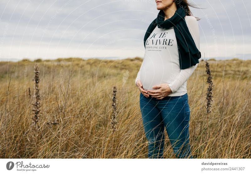 Woman caressing her tummy in field Lifestyle Joy Happy Human being Baby Adults Mother Hand Nature Landscape Grass Meadow Scarf Touch Smiling Wait Authentic