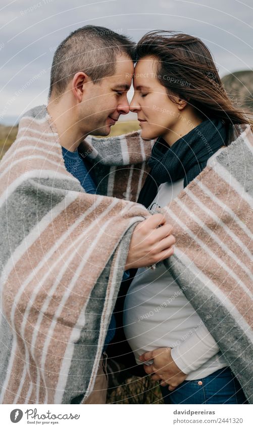 Pregnant with husband covered with a blanket Lifestyle Calm Winter Woman Adults Man Parents Family & Relations Couple Nature Landscape Clouds Autumn Grass Scarf