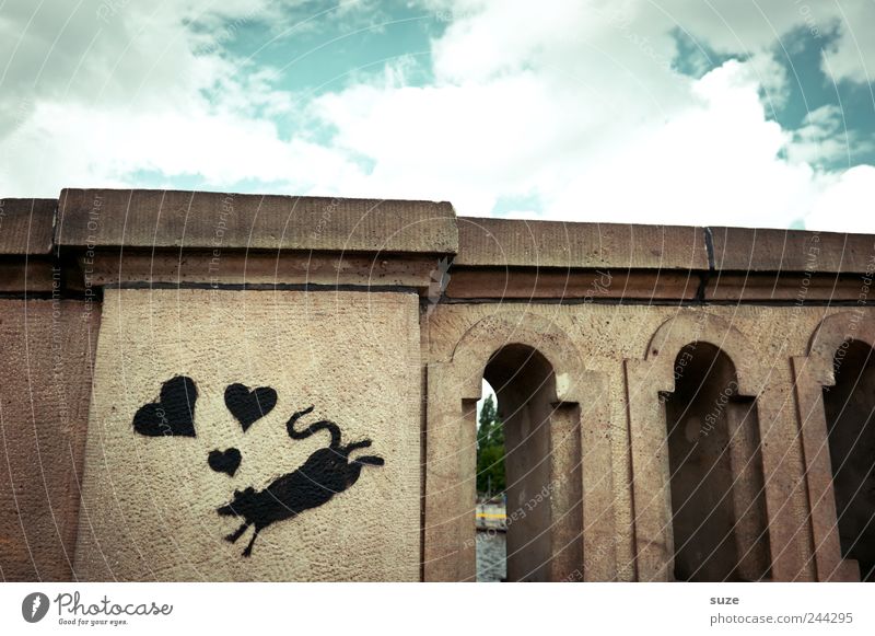 in love Environment Sky Clouds Bridge Manmade structures Mouse Stone Graffiti Heart Love Authentic Small Funny Town Black Symbols and metaphors Mural painting