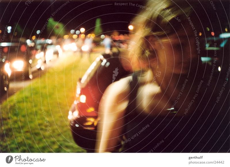 GIRL Motion blur Long exposure Woman Feminine Top Light Traffic jam Night Dark Car moving Movement queue of cars