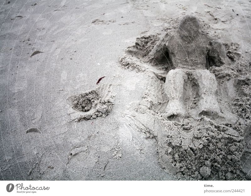 The sandman awakens Sand Beach Sandy beach Figure Sculpture figuratively Structures and shapes Sit Rest on Art Creation Creativity Gray model Exterior shot