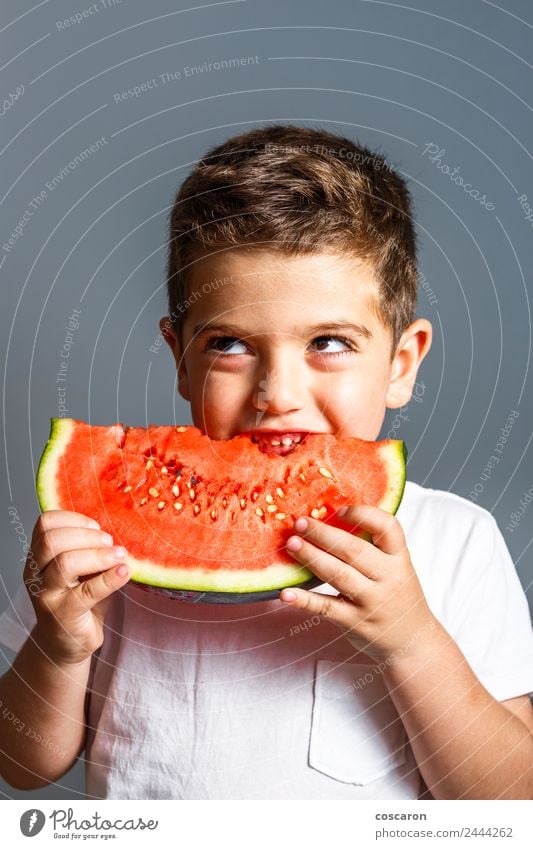 Funny kid eating watermelon indoor. Healthy food Food Fruit Eating Juice Lifestyle Joy Happy Beautiful Face Summer Child Human being Baby Boy (child) Infancy