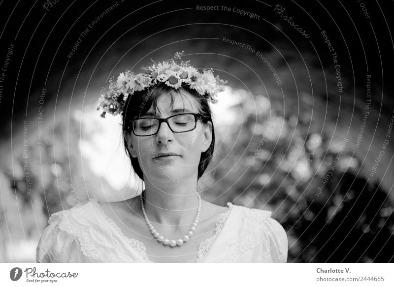Dreaming | UT Dresden Elegant Wedding Bride Feminine Woman Adults 1 Human being 30 - 45 years Pearl necklace Flower wreath Brunette Bangs Smiling Illuminate