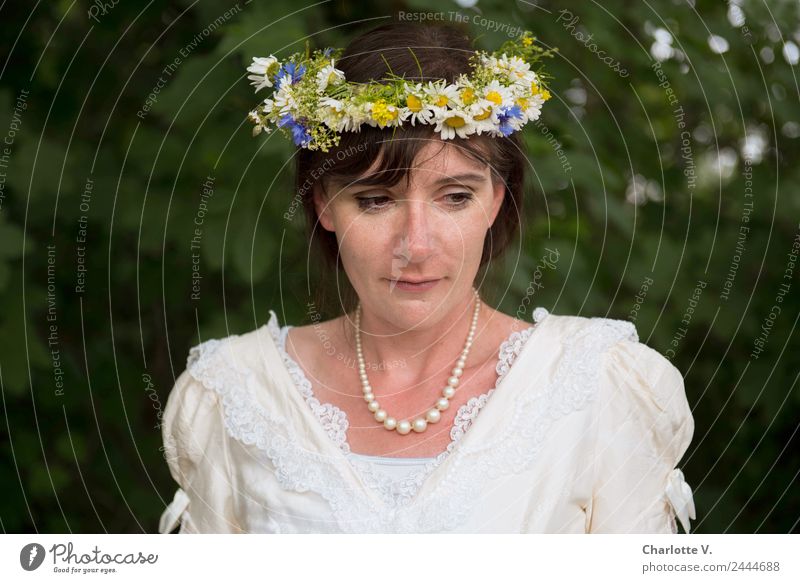 Thoughtful | UT Dresden Wedding Bride Feminine Woman Adults 1 Human being 30 - 45 years Wedding dress Pearl necklace Flower wreath Brunette Think Elegant pretty