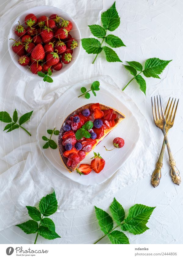 half a pie from cottage cheese Cheese Fruit Dessert Candy Nutrition Plate Fork Table Leaf Eating Fresh Bright Delicious Green Red White Colour cheesecake