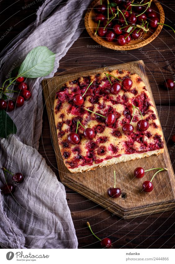 cake with cherries Food Fruit Cake Dessert Candy Plate Wood Eating Dark Fresh Delicious Above Brown Red Black Cherry Pie piece background Baking Bakery Berries