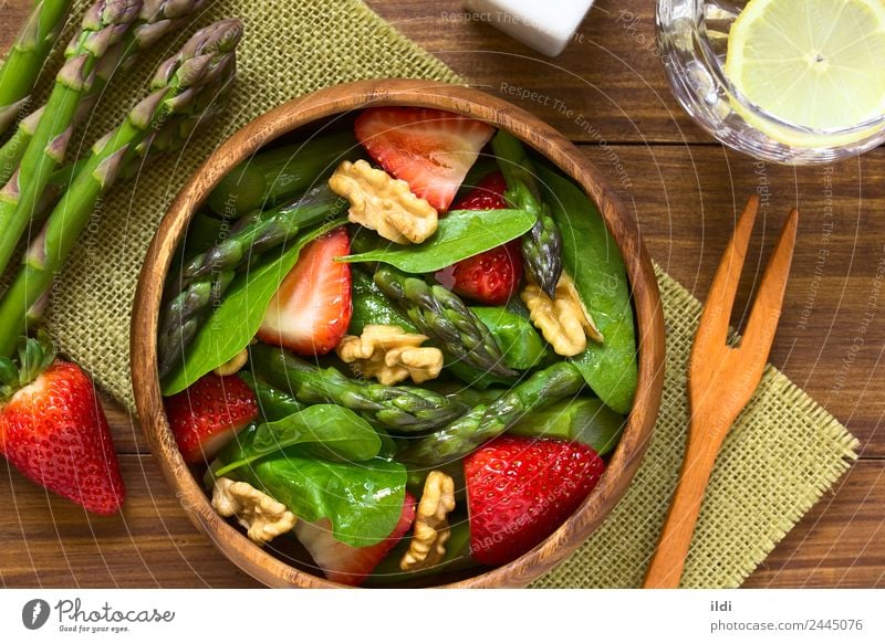 Strawberry Asparagus Spinach and Walnut Salad Vegetable Fruit Vegetarian diet Fresh Healthy Natural food Raw walnut Home-made Meal appetizer Snack Rustic