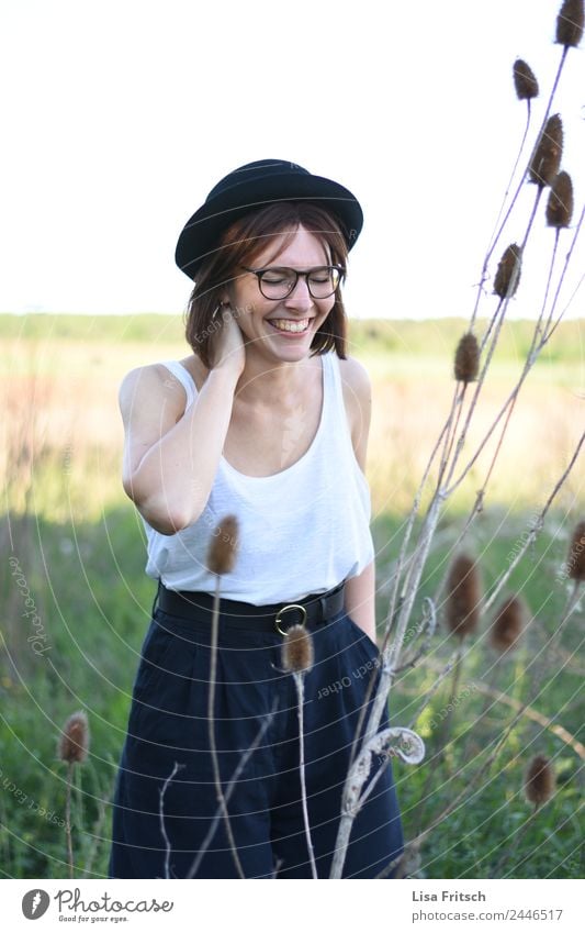 Eyes closed, laugh, hat, nature Beautiful Vacation & Travel Young woman Youth (Young adults) 1 Human being 18 - 30 years Adults Summer Plant Bushes Eyeglasses