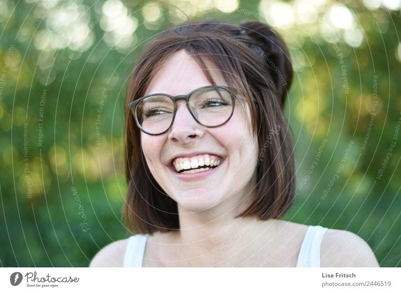 LAUGH - FREE - HAPPY Young woman Youth (Young adults) 1 Human being 18 - 30 years Adults Piercing Eyeglasses Brunette Short-haired Laughter Esthetic Happiness