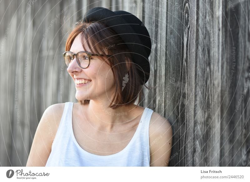 WOOD - YOUNG WOMAN - HAT - GLASSES Lifestyle pretty Vacation & Travel Feminine Young woman Youth (Young adults) Adults 18 - 30 years Wall (barrier)