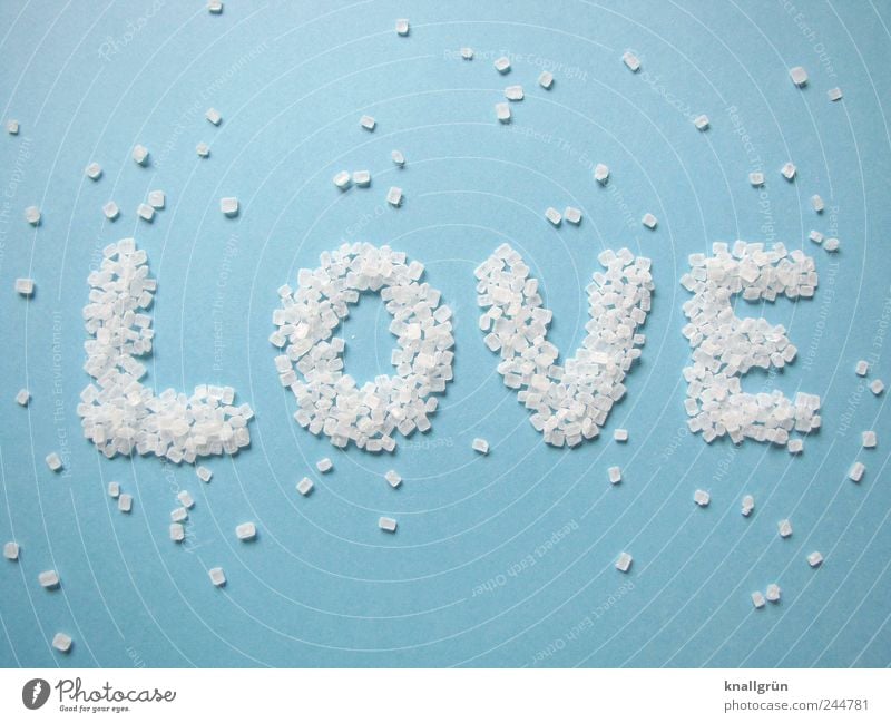 love Food Sugar crystals Nutrition Characters Communicate Bright Sweet Blue White Emotions Love Infatuation Word Creativity Colour photo Studio shot Deserted