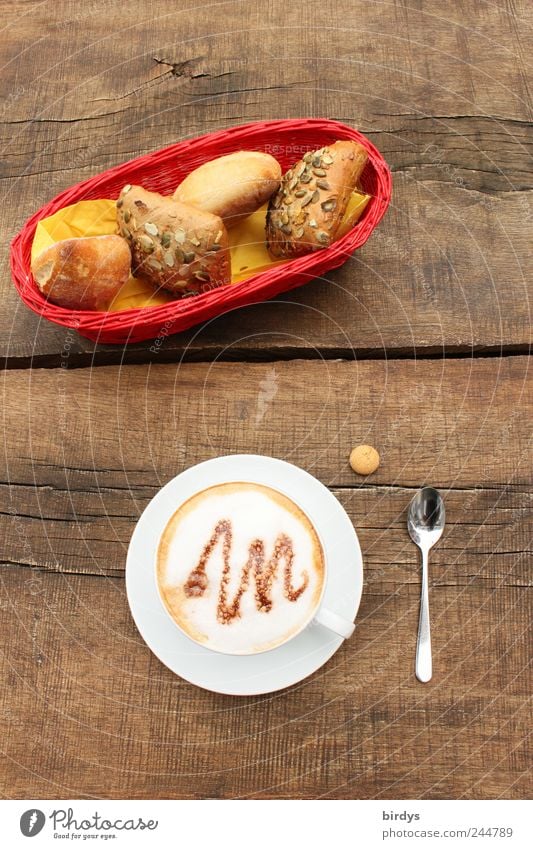 Breakfast with fresh rolls and cappuccino Roll Cappuccino To have a coffee Coffee Spoon Cup Nutrition Esthetic Brown Red To enjoy Board Wooden table Rustic