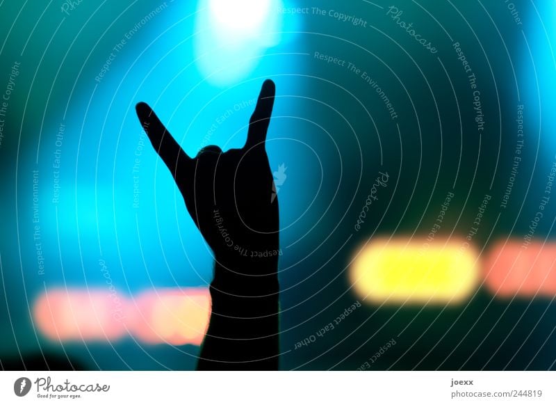 icon Joy Man Adults Arm Hand Fingers 1 Human being Concert Stage Sign Listen to music Cool (slang) Happiness Blue Yellow Red Black Moody Leisure and hobbies