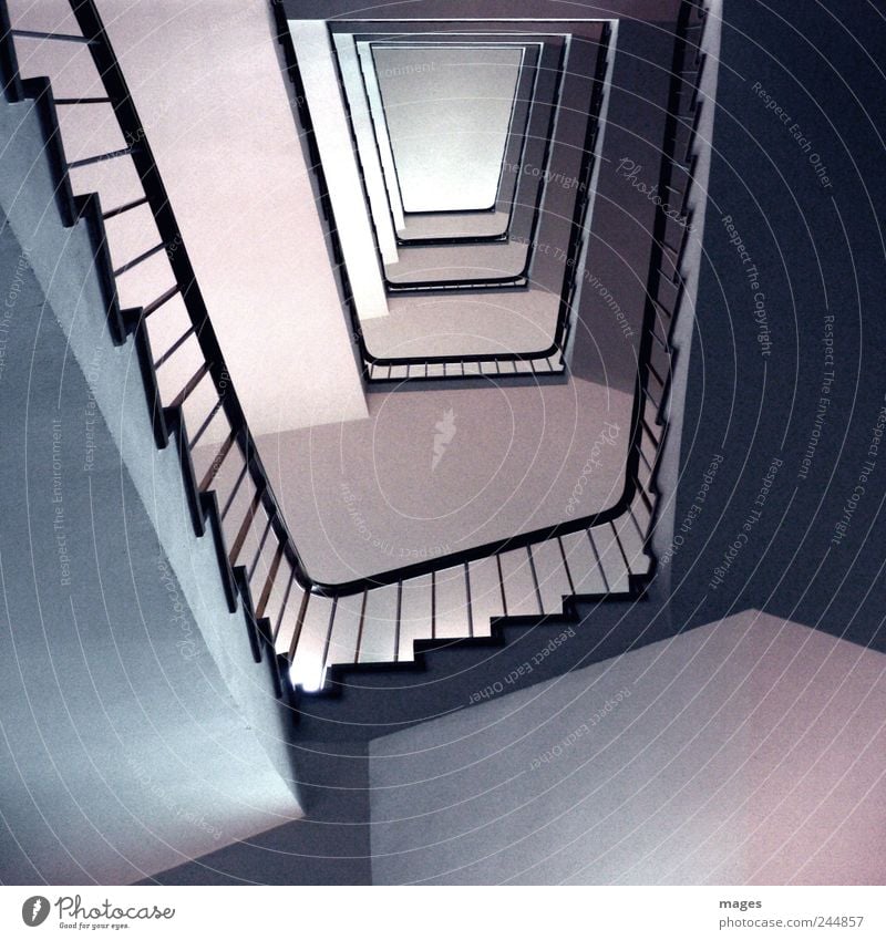 trapezes Deserted Building Architecture Stairs Concrete Old Sharp-edged Tall Calm Orderliness Staircase (Hallway) Go up Descent Banister Office building