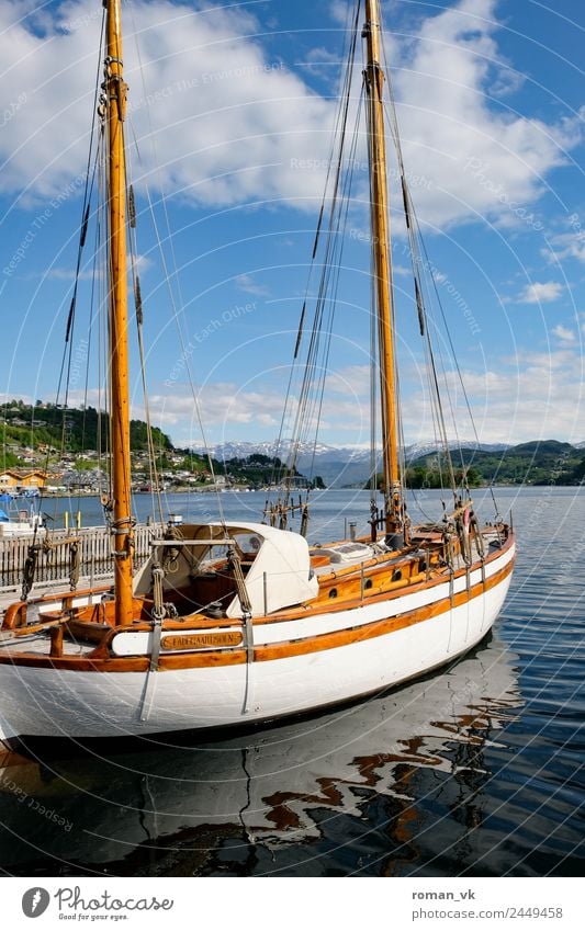 shore leave Lifestyle Luxury Elegant Idyll Sailing ship Fjord wooden ship Wood Mast Harbour Yacht Experience Travel photography Drop anchor Lake