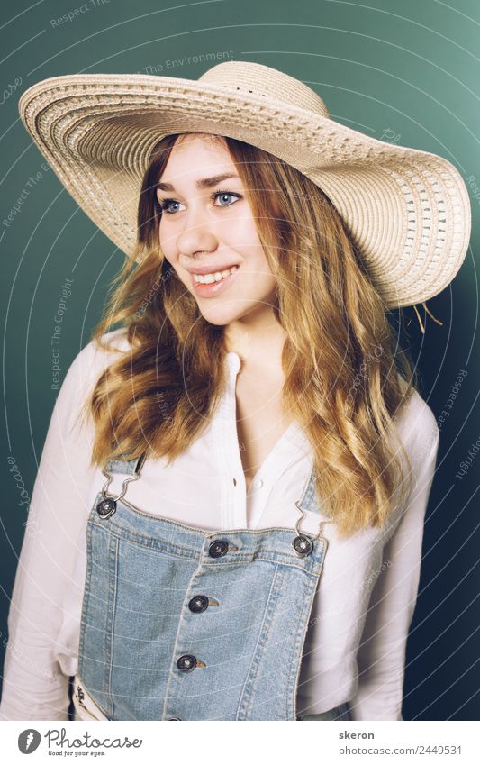 cute farmer girl in hat and denim jumpsuit Lifestyle Shopping Leisure and hobbies Vacation & Travel Tourism Trip City trip Summer Summer vacation House building
