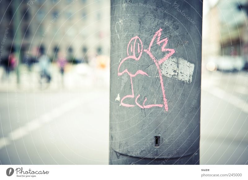 Funny bird Lifestyle Style Design Leisure and hobbies Town Capital city Downtown Places Street Traffic light Bird Graffiti Gray Pink Lantern Drawing