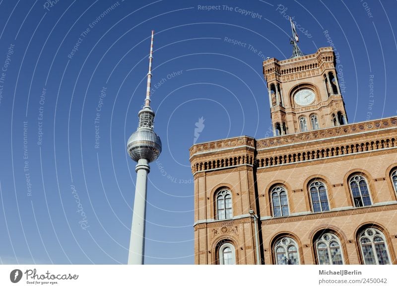 Television Tower and Red City Hall Berlin Berlin TV Tower Germany Capital city Downtown Deserted Building Architecture Tourist Attraction Landmark Blue Blue sky