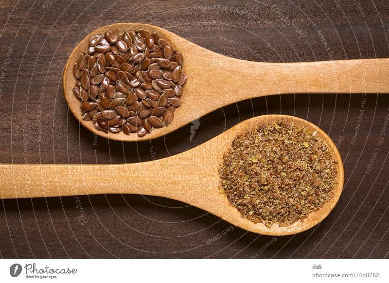 Brown Flax Seeds or Linseeds Nutrition Diet Spoon Healthy Natural food flaxseed linseed Raw supplement Fat fiber Protein nutritional dietary Cereal grain whole