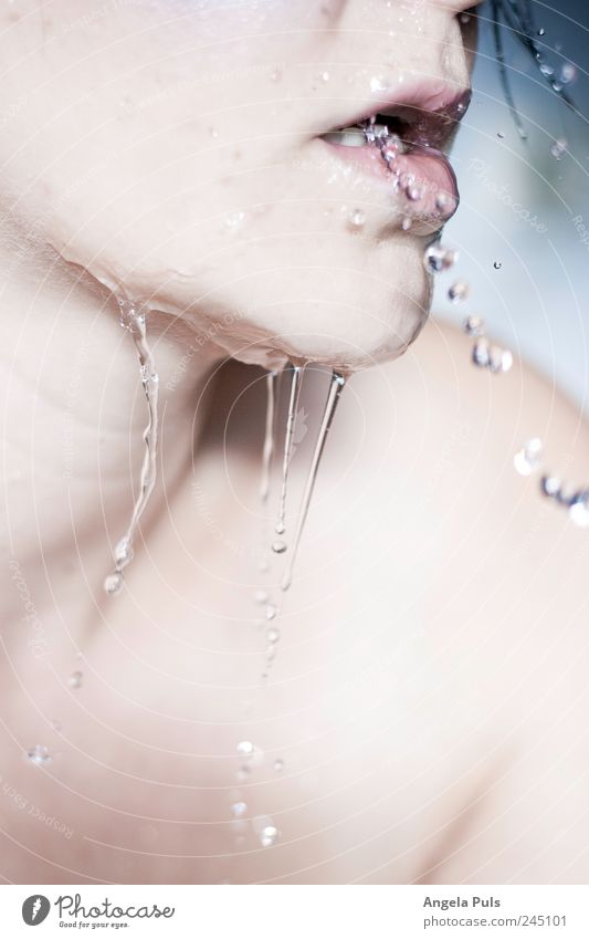 clear cold water Human being Feminine Mouth Drop Water Wet Blue White Thirst Colour photo Detail