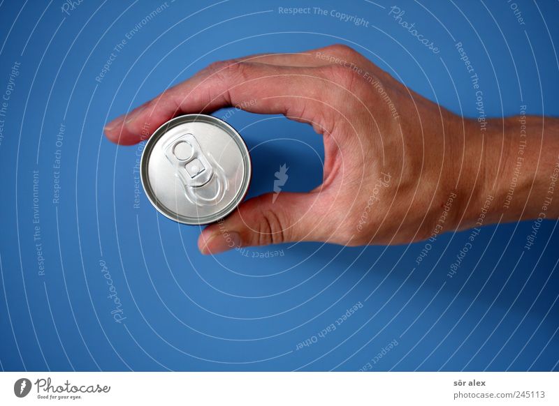 Energy for the day Beverage Drinking Cold drink Lemonade Tin Canned drink Masculine Hand Fingers Thumb Forefinger To hold on Blue Silver Performance Closure