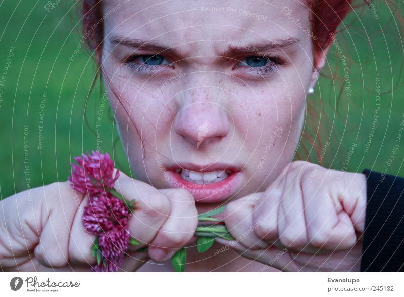 RAGE Human being Feminine Young woman Youth (Young adults) Woman Adults Infancy Nose Mouth Lips Teeth Hand 1 To hold on Rip Flower Aggression Anger Colour photo