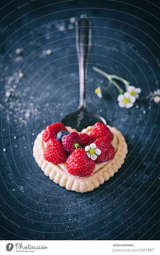 Strawberry tartlet in heart shape Strawberry blossom Strawberry pie Short-crust pastry Heart Heart-shaped Dark moody Baked goods Dessert Delicious