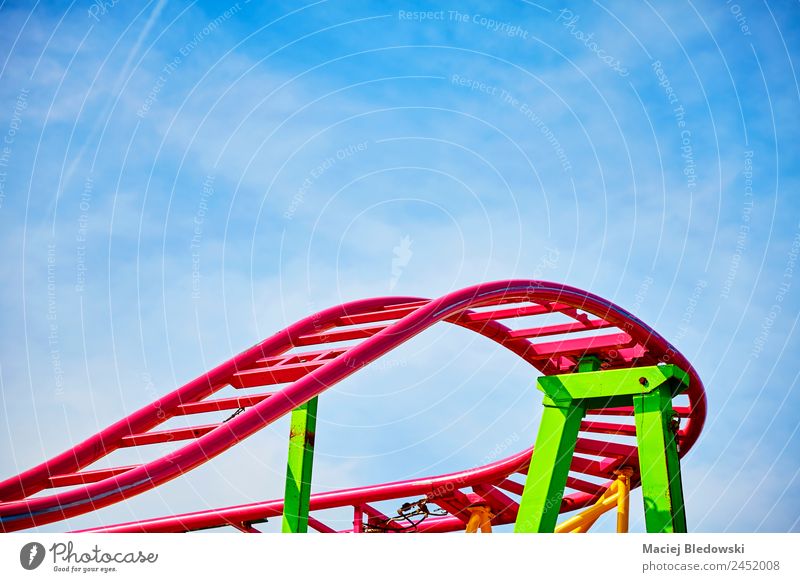 Roller coaster pink tracks in an amusement park. Lifestyle Joy Leisure and hobbies Summer Entertainment Going out Sky Crazy Blue Green Pink Happy