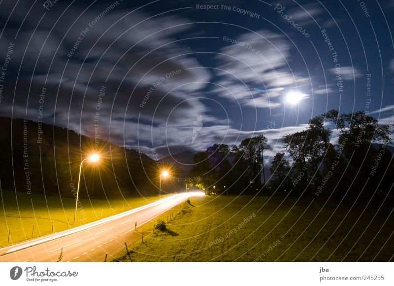 light sources Style Night life Sky Clouds Night sky Stars Moon Grass Alps Saanenland Gstaad Transport Traffic infrastructure Street Lantern Movement Driving