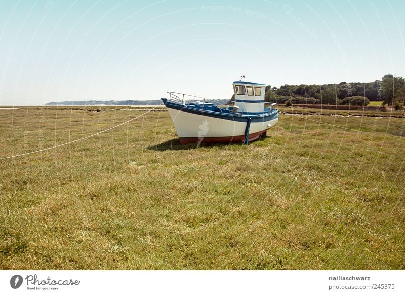 on the dry Fisherman Fishing boat Fishery Watercraft Navigation Nature Landscape Summer Beach Brittany Lie Brown Green White Stagnating Colour photo