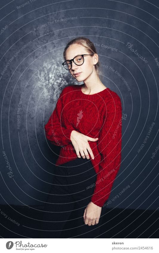 stylish student with glasses and a color sweater Feminine Young woman Youth (Young adults) Adults Body Skin Head Arm 1 Human being 18 - 30 years Clothing