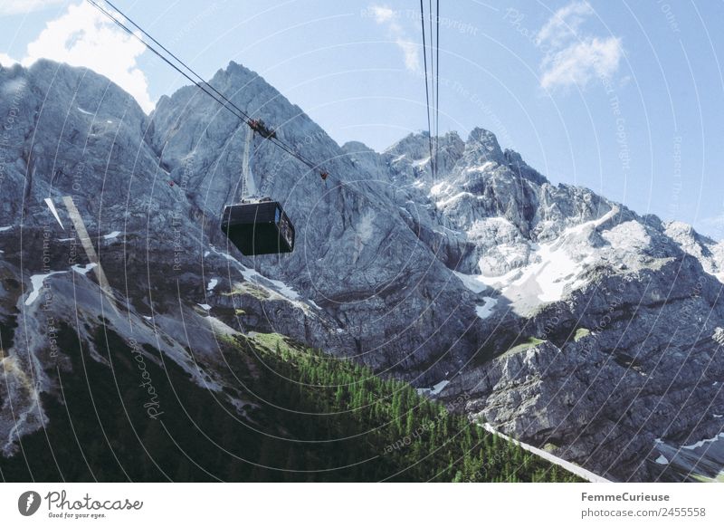 Gondola in the alps Nature Adventure Ferris wheel Cable car Alps Mountain Sunbeam Rope Colour photo Exterior shot Day Bird's-eye view Central perspective