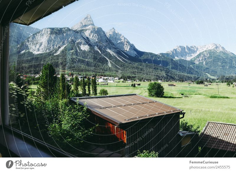 Stunning window view to the alps Nature Living or residing Window View from a window Alps Austria Pane Vantage point Summer Summery Meadow Hut Mountain