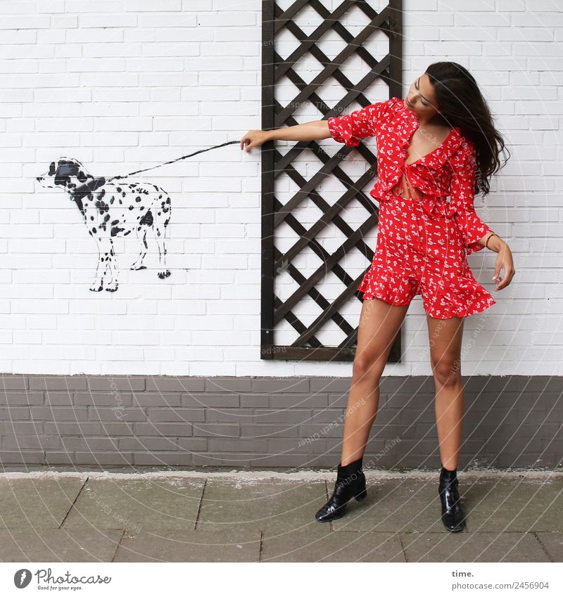 jessica Feminine Woman Adults 1 Human being Wall (barrier) Wall (building) Fashion Shirt Skirt Boots Animal Dog Stand Happiness Beautiful Funny Self-confident