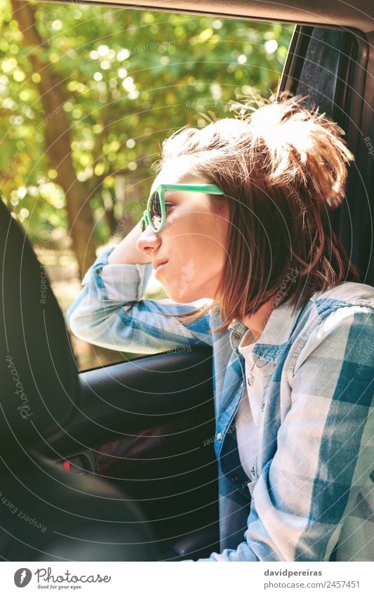 Young woman looking landscape through the window car Lifestyle Joy Happy Beautiful Relaxation Leisure and hobbies Vacation & Travel Trip Summer Sun Human being