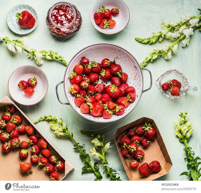 Fresh strawberries and jam on the kitchen table Dessert Beverage Style Design Healthy Healthy Eating Summer Nature Strawberry Strawberry jam Sieve Loudspeaker