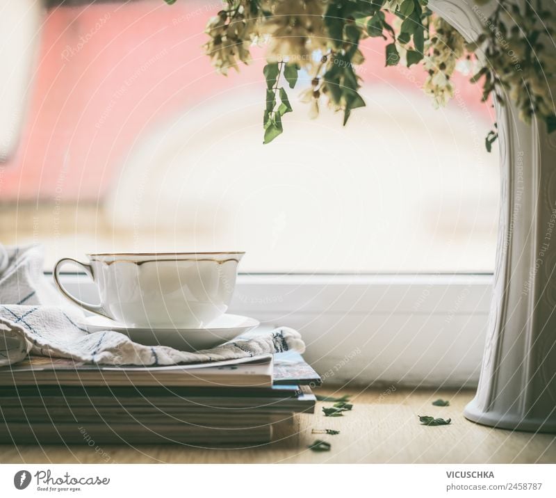 Tea cup at the window Beverage Hot drink Hot Chocolate Coffee Cup Lifestyle Style Design Relaxation Summer Winter Living or residing Dream house Window Vase