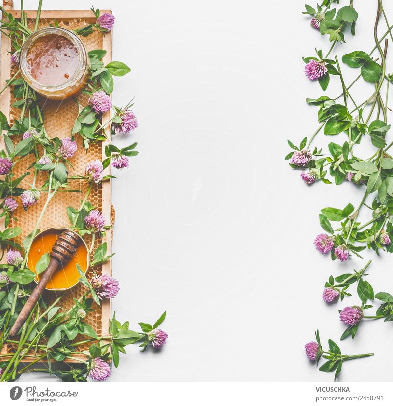 Honey background with honeycomb and wild flowers Food Nutrition Organic produce Diet Crockery Glass Style Design Healthy Health care Medical treatment
