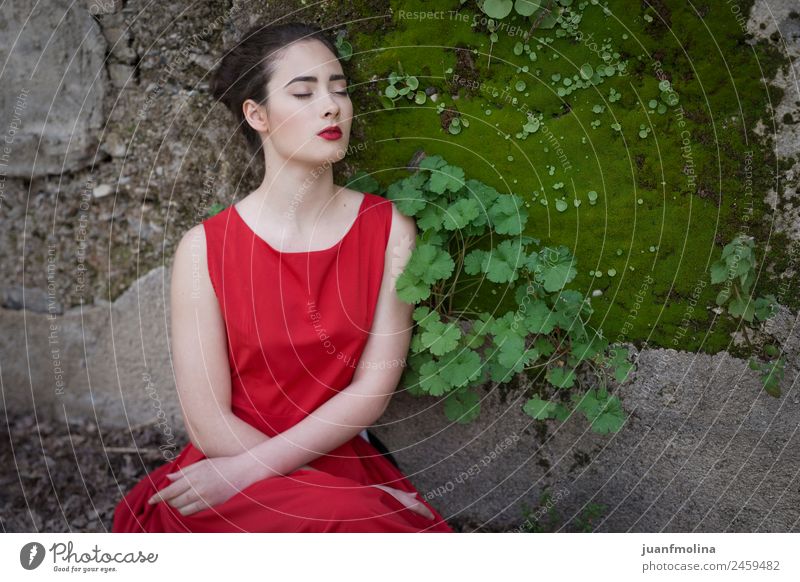 Melancholic girl with red dress in nature Elegant Style Beautiful Face Summer Young woman Youth (Young adults) Woman Adults 18 - 30 years Nature Earth Fashion