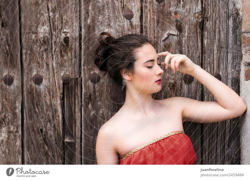 Portrait of a girl in red dress on a wooden door Lifestyle Elegant Style Beautiful Summer Human being Feminine Woman Adults 18 - 30 years Youth (Young adults)